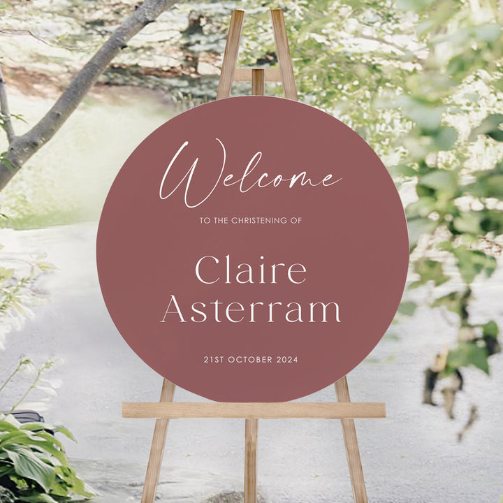 Round Baptism welcome sign board in deep rose and white. Christening welcome board Peach Perfect Australia.