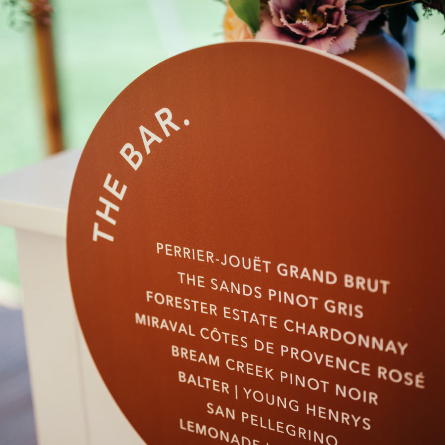 Round wedding bar or beverages sign, designed and printed in Australia.
