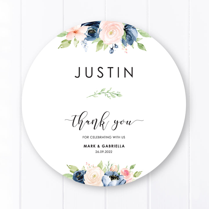 Round or Circular wedding menu with pink and blue florals and watercolour greenery and calligraphy font, printed in Australia, double sided