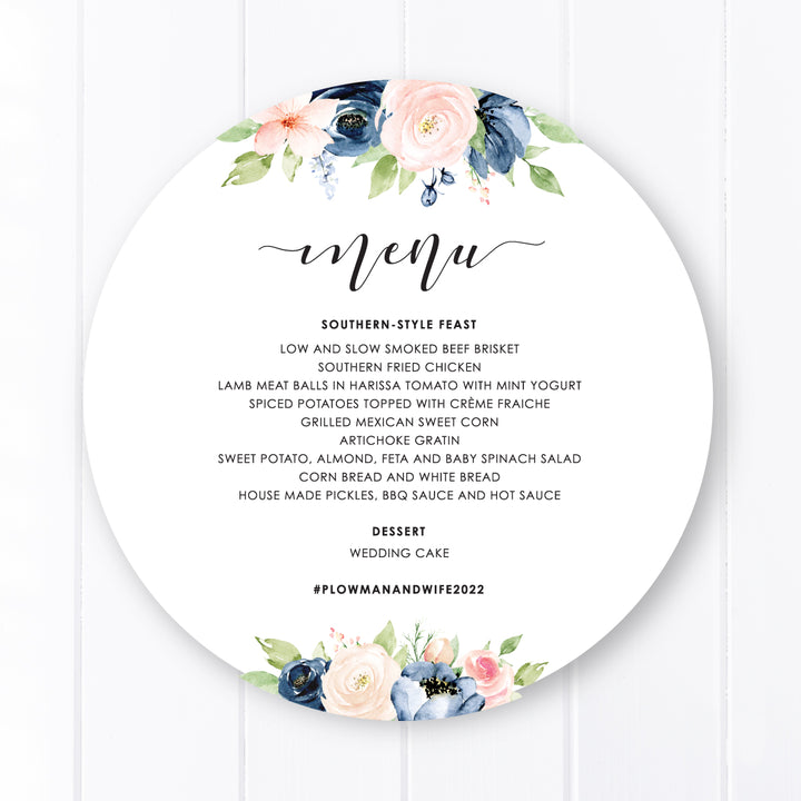 Round or Circular wedding menu with pink and blue florals and watercolour greenery and calligraphy font, printed in Australia