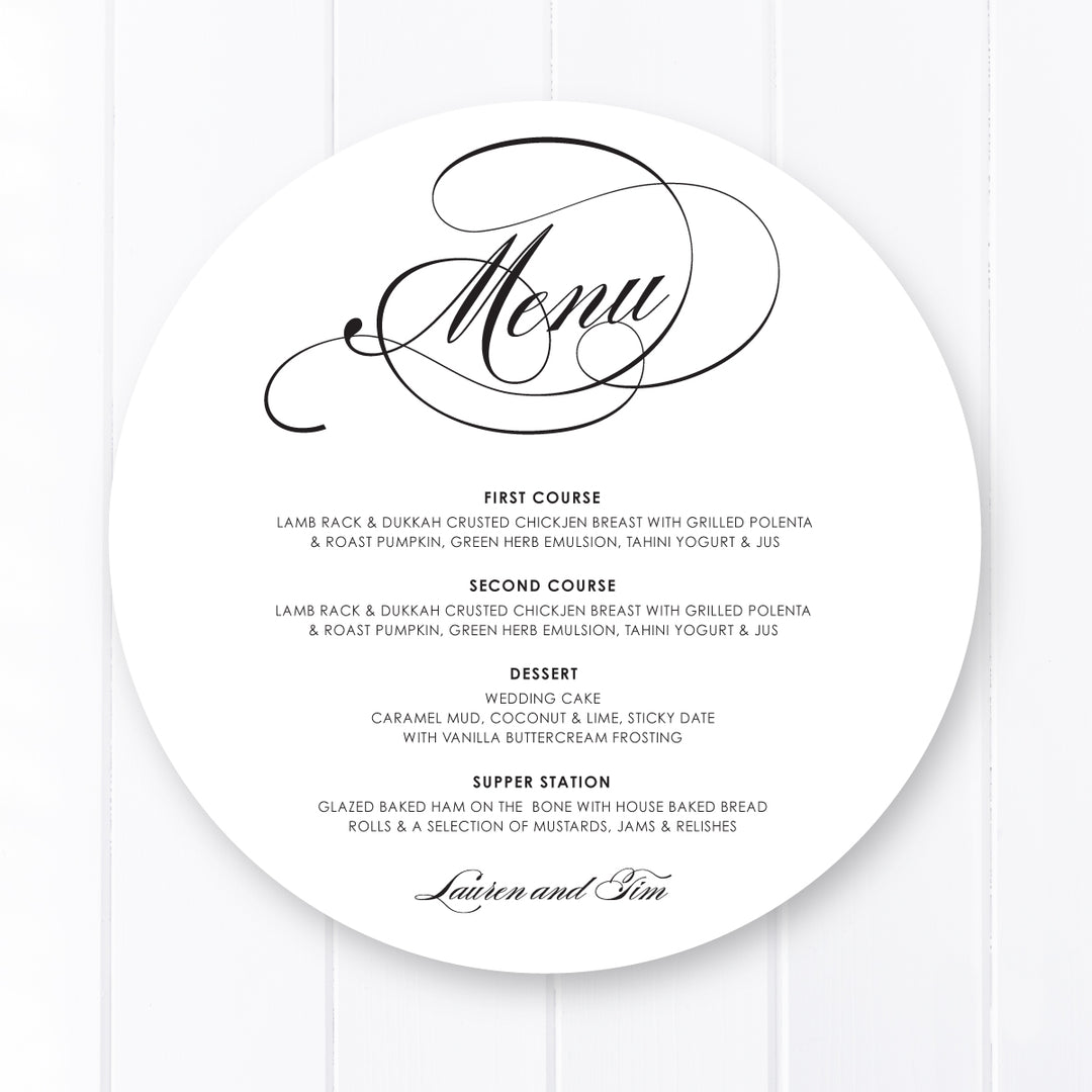 Elegant circular or round wedding menu in black and white, calligraphy heading, printed in Australia