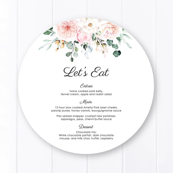Round or Circular wedding menu with pink florals and watercolour greenery and calligraphy font, printed in Australia