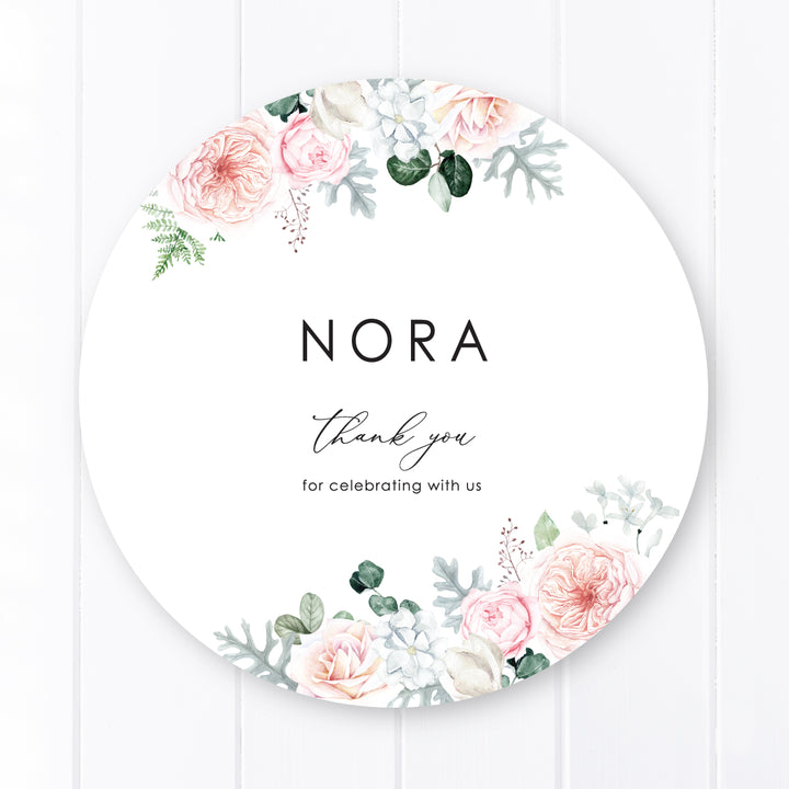 Round or Circular wedding menu with pink florals and watercolour greenery and calligraphy font, includes guest names on the back, double sided