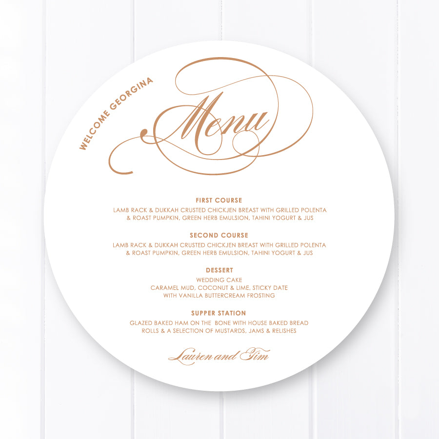 Modern elegant round wedding menu, neutral cinnamon colour with calligraphy designed and printed in Australia
