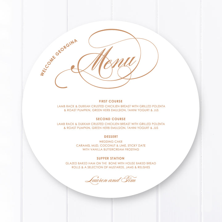 Modern elegant round wedding menu, neutral cinnamon colour with calligraphy designed and printed in Australia