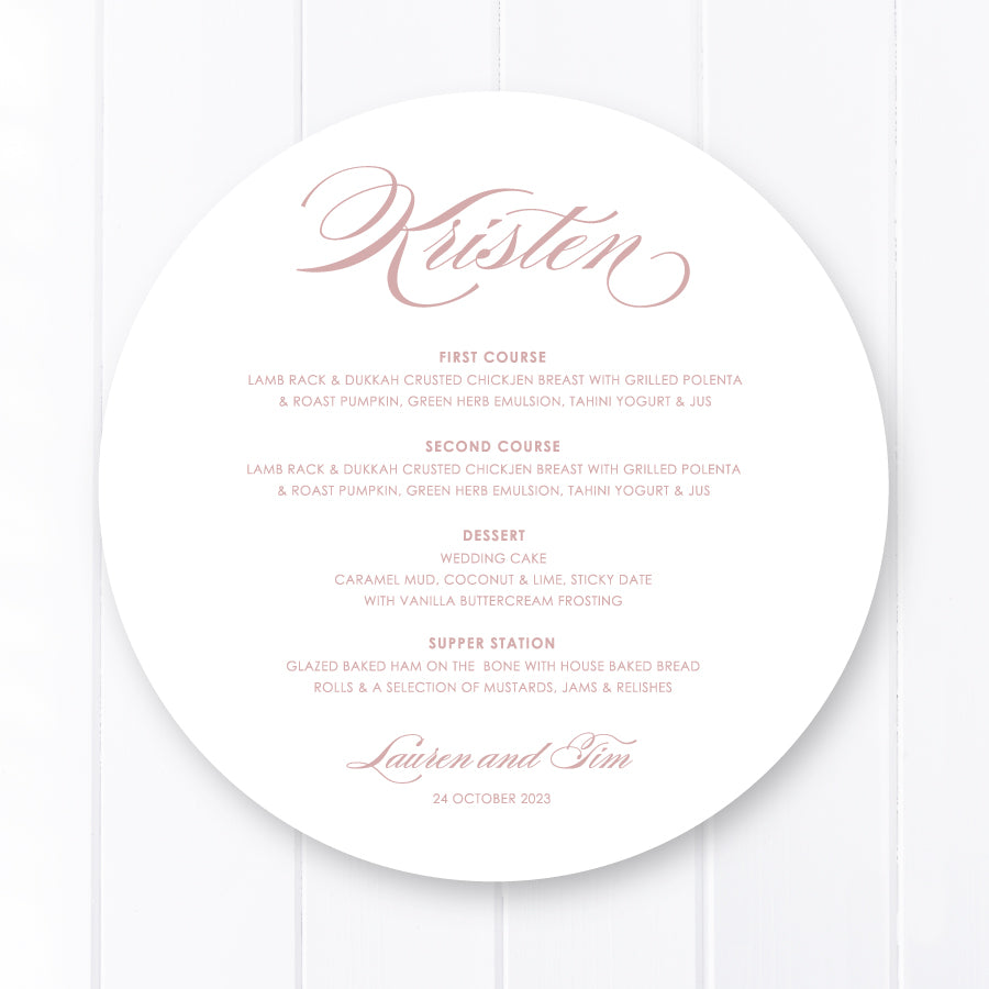 Modern elegant round wedding menu, dusty pink colour with calligraphy designed and printed in Australia. Guest name printing on your menu.