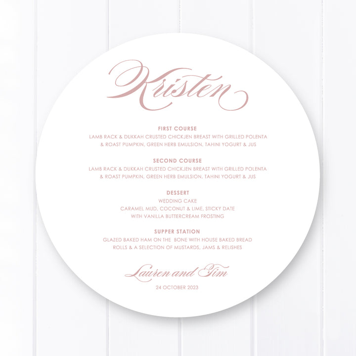 Modern elegant round wedding menu, dusty pink colour with calligraphy designed and printed in Australia. Guest name printing on your menu.