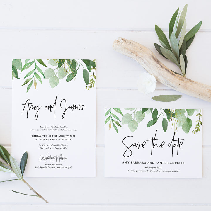 Wedding save the date with modern script font and border of green leaves