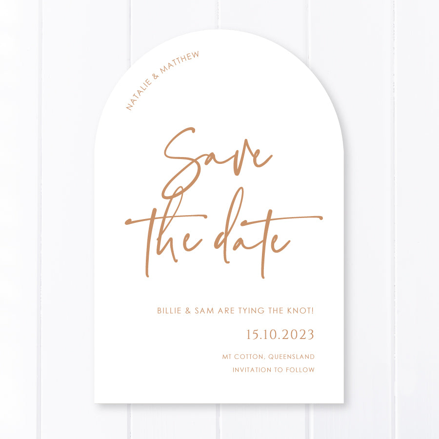 Modern arch wedding save the date with funky font style. Printed professionally on white premium cardstock in Australia.