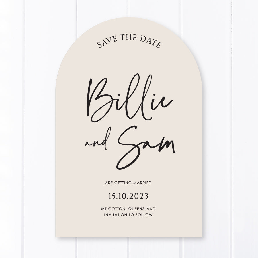 Modern wedding save the date cards Australia. Printed on almond coloured cardstock in black ink. Arch Save the Date.