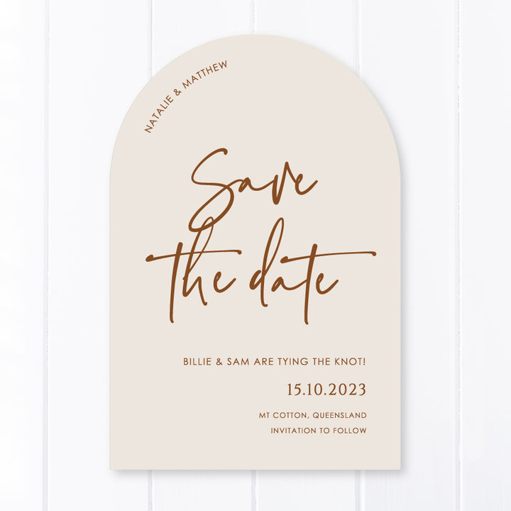 Modern wedding save the date cards Australia. Printed on almond coloured cardstock in cinnamon ink. Arch Save the Date.