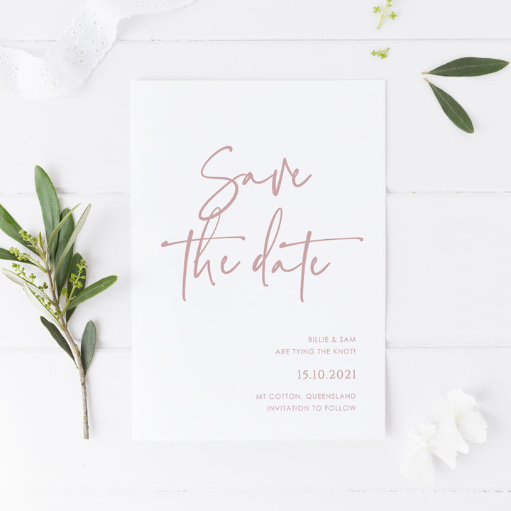 Modern minimal wedding save the date with funky font style. Printed professionally on white premium cardstock with dusty pink ink colour in Australia.