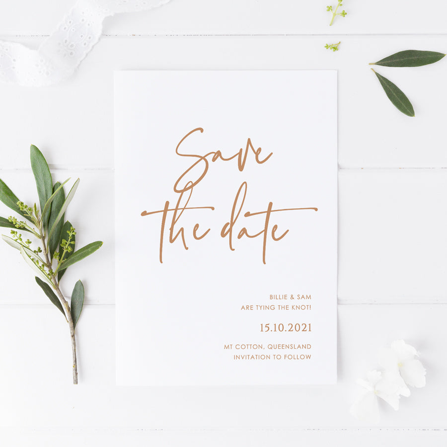 Modern minimal wedding save the date with funky font style. Printed professionally on white premium cardstock with neutral cinnamon ink colour in Australia.