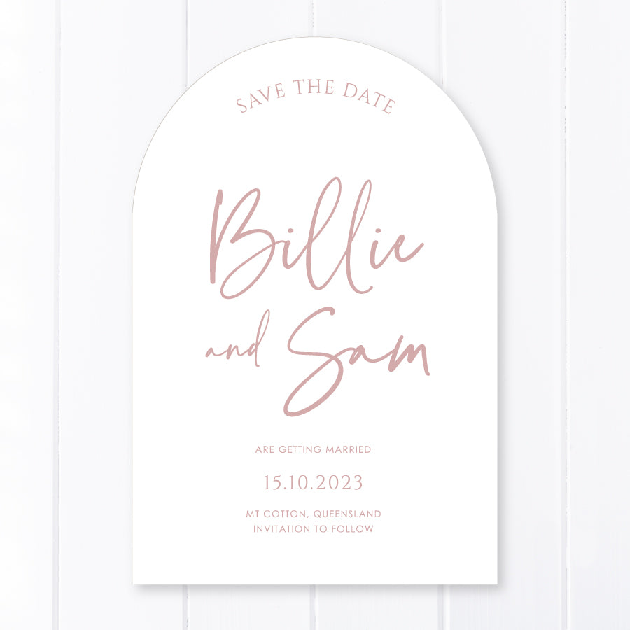 Modern arch wedding save the date with funky font style. Printed professionally on white premium cardstock in Australia.