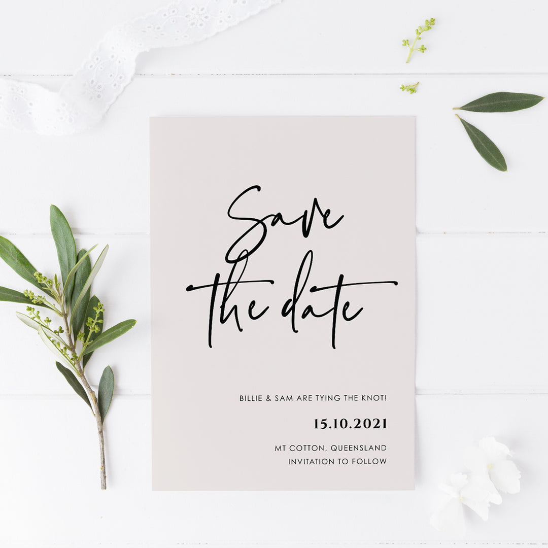 Modern wedding save the date cards Australia. Printed on almond coloured cardstock in black ink.