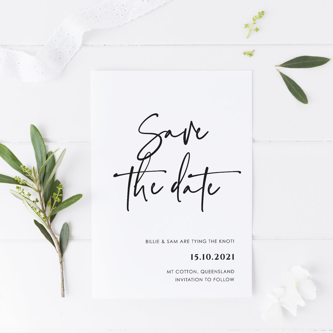 Modern minimal wedding save the date with funky font style. Printed professionally on white premium cardstock in Australia.