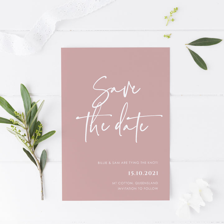 Modern wedding save the date cards Australia. Printed on dusty pink coloured cardstock in white ink. Arch Save the Date.