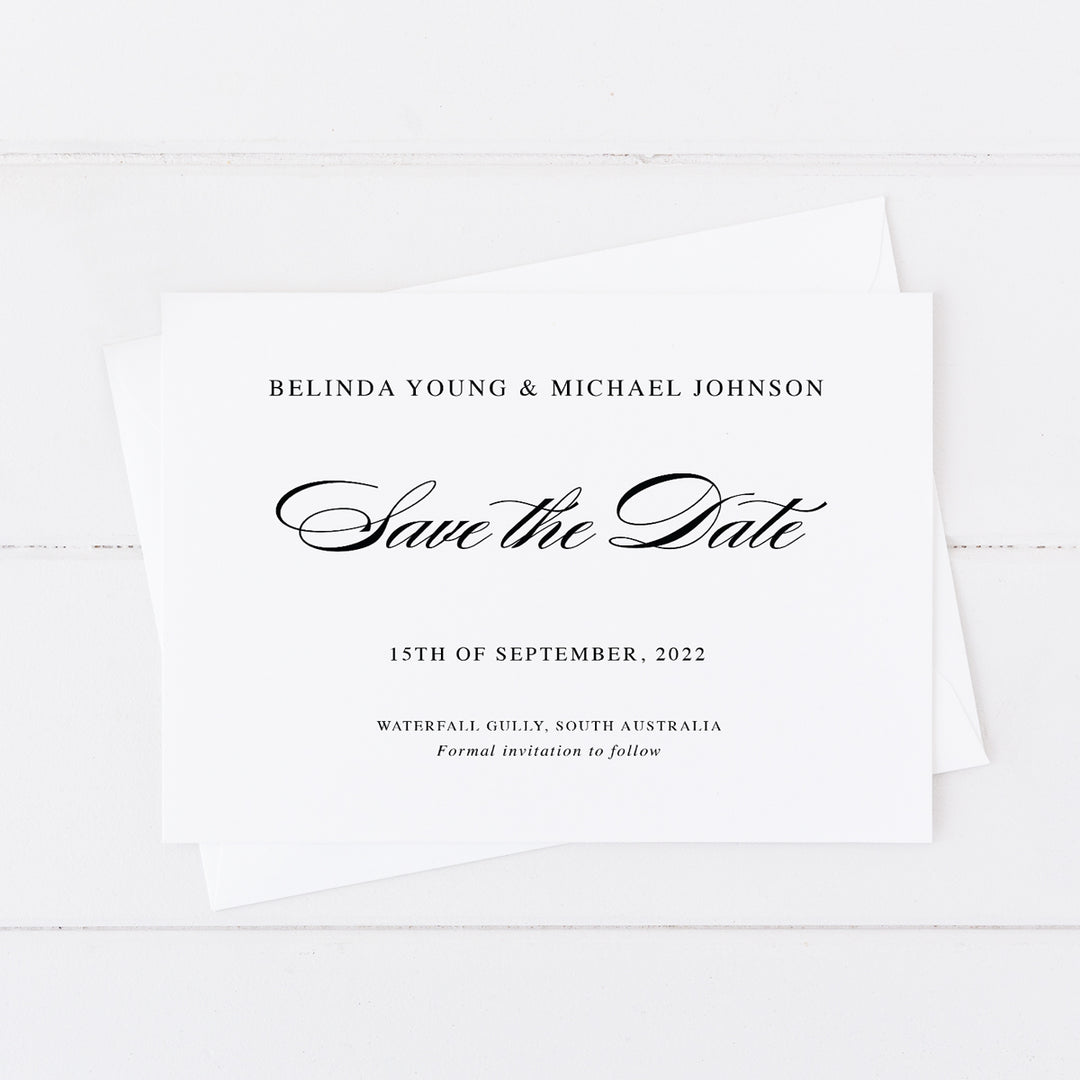 Traditional calligraphy save the date card. Classic elegant wedding invitation black and white