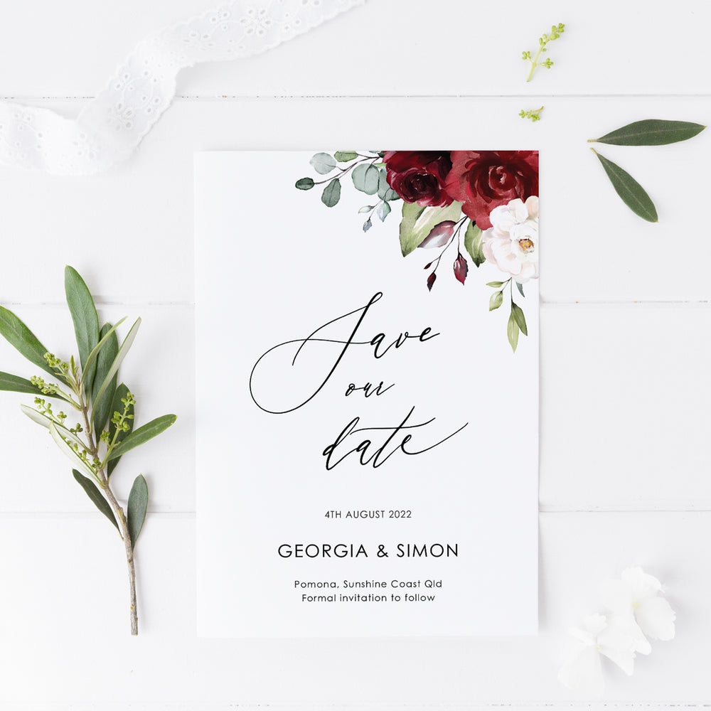 Wedding save the date card card, red florals and foliage and modern calligraphy font for names