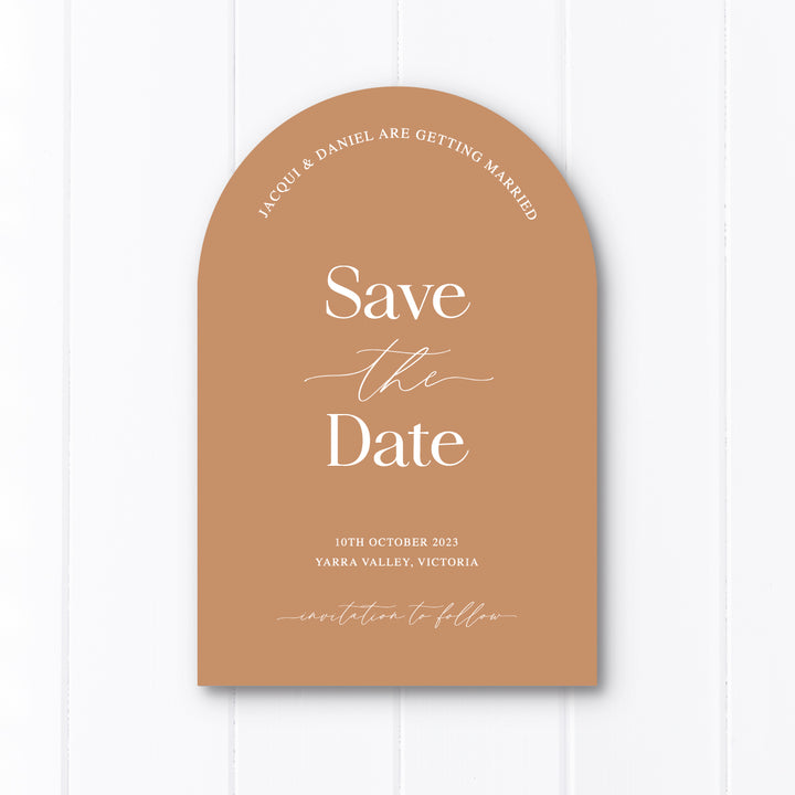 Modern wedding save the date card in arch shape. Cinnamon text ink on almond cardstock. Peach Perfect Australia.