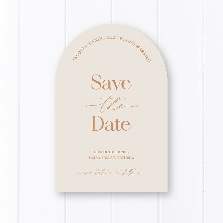 Modern wedding save the date card in arch shape. Cinnamon text ink on almond cardstock. Peach Perfect Australia.