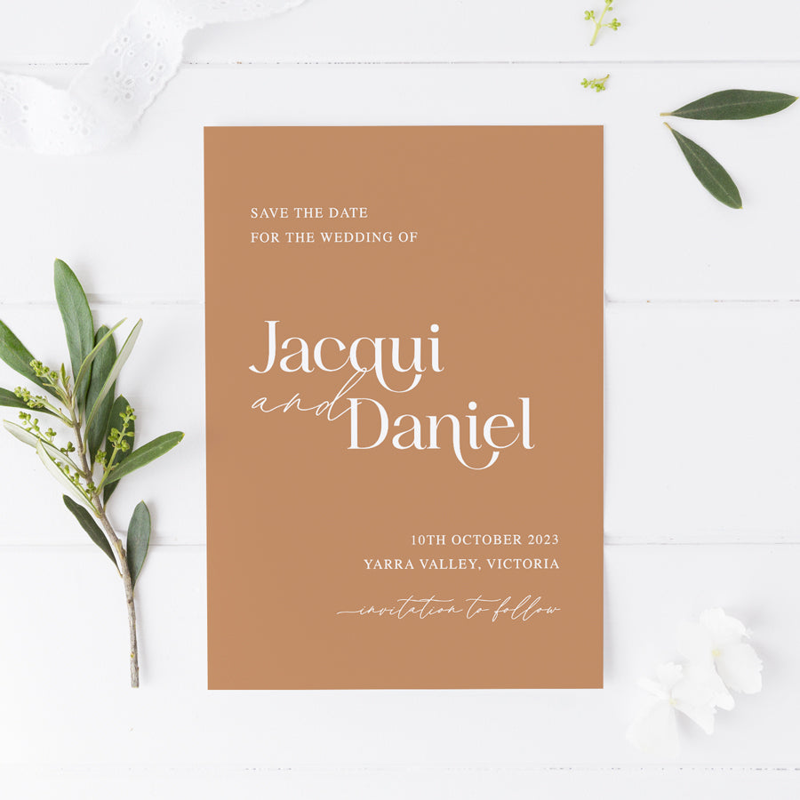 Modern wedding save the date cards Australia. Printed on cinnamon or terracotta coloured cardstock in white ink.