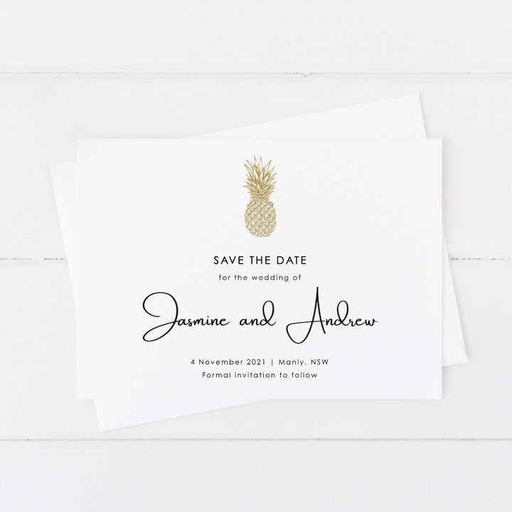 Tropical wedding save the date with gold pineapple and minimal style