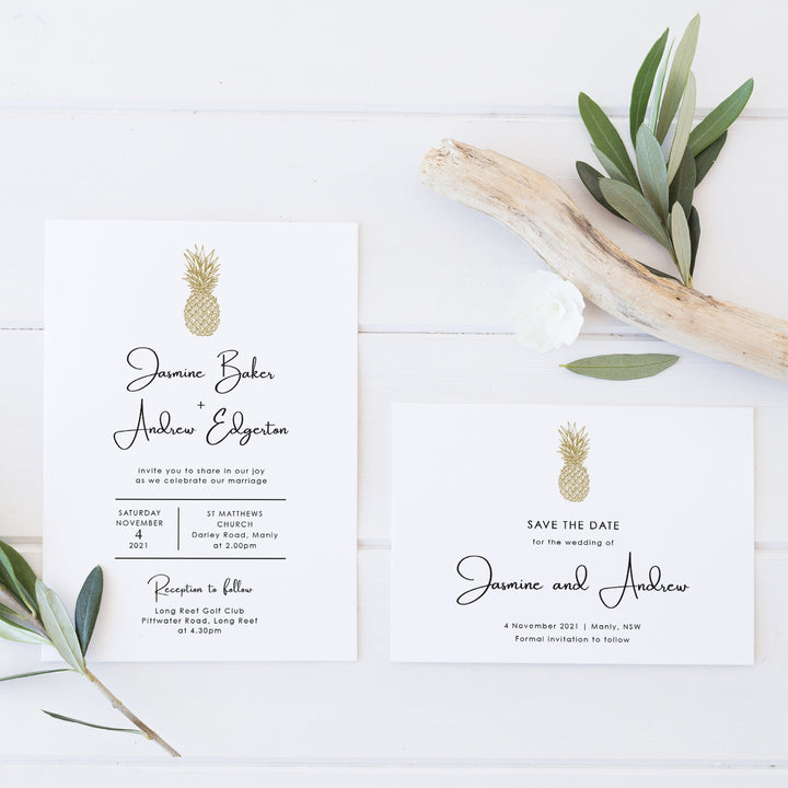Tropical wedding save the date with gold pineapple and minimal style