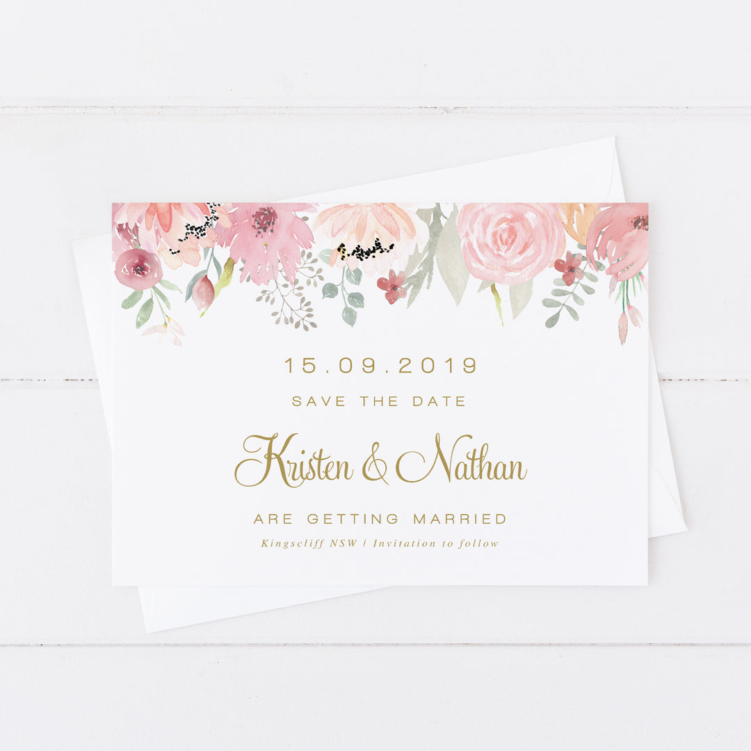 Wedding save the date card in gold with blush and pink florals at top