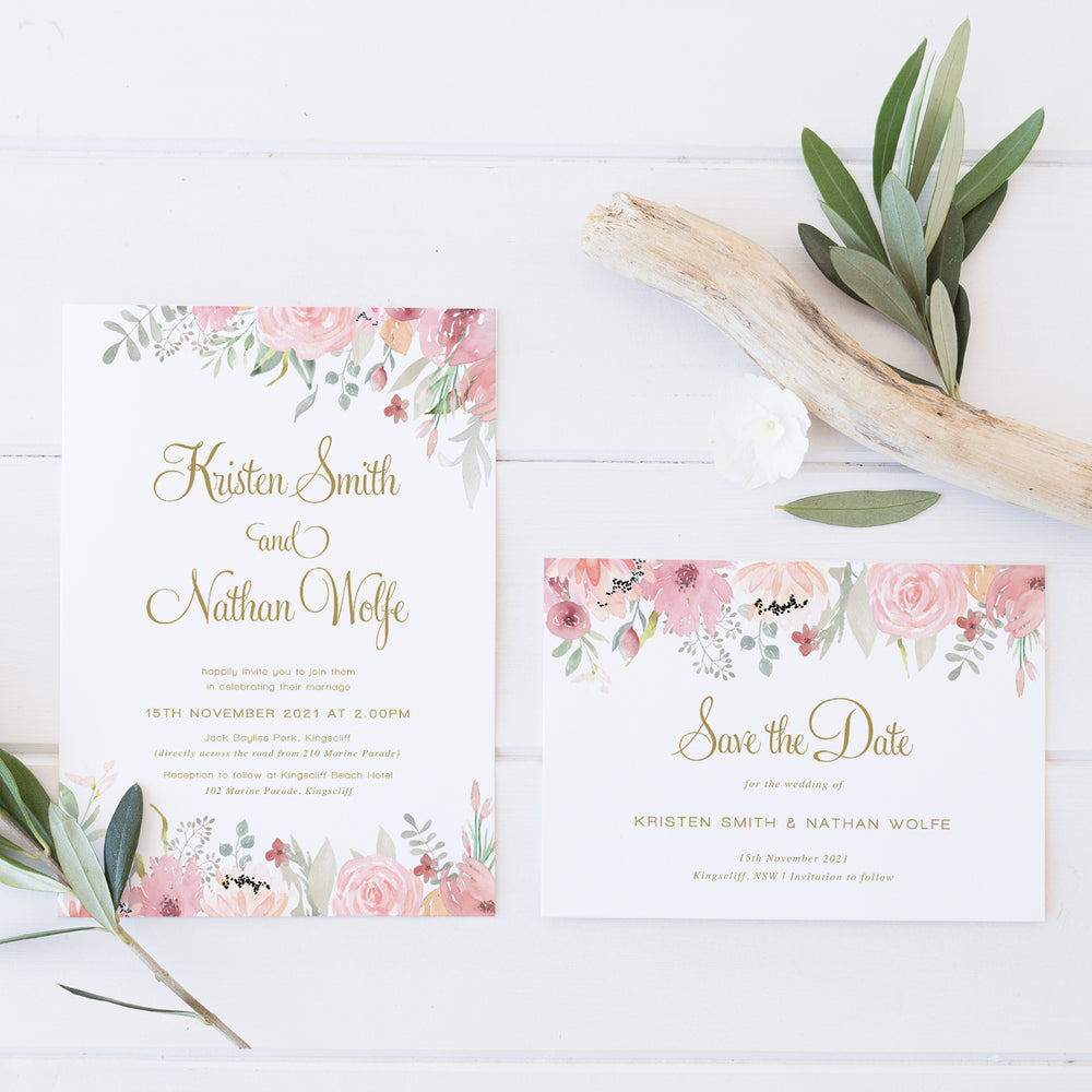 Wedding save the date card in gold with blush and pink florals at top
