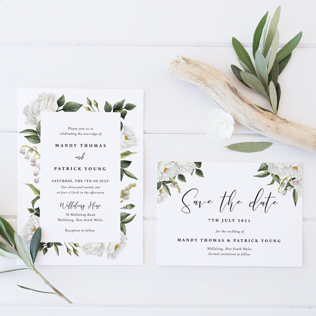 Wedding save the date card with beautiful white watercolour flowers and foliage with modern script font