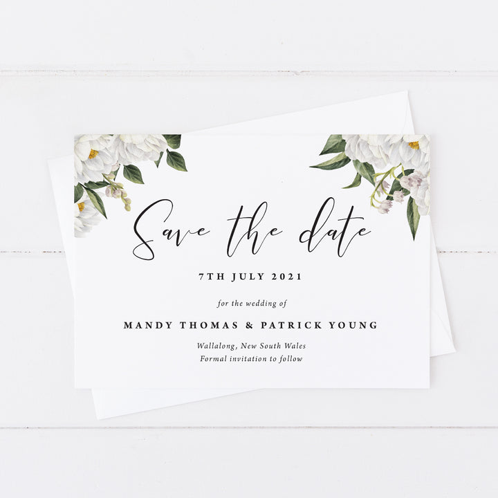 Wedding save the date card with beautiful white watercolour flowers and foliage with modern script font