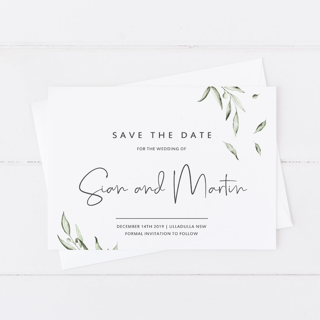 Modern wedding save the date card with olive leaves in watercolour and modern script font