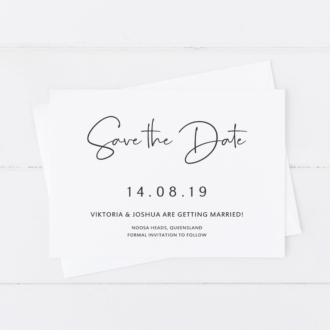 Minimal wedding save the date card grey and white