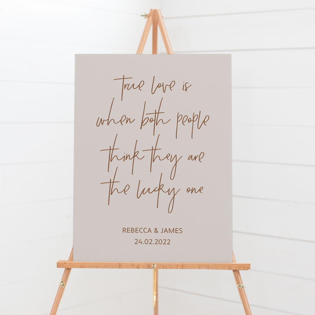 Wedding welcome sign board true love people think they are the lucky one. Peach Perfect wedding invitations