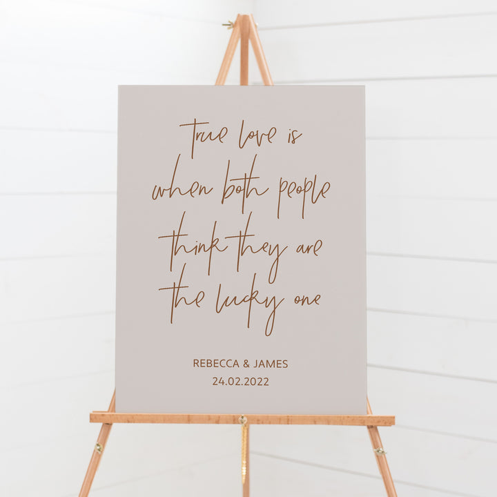 Wedding welcome sign board true love people think they are the lucky one. Peach Perfect wedding invitations