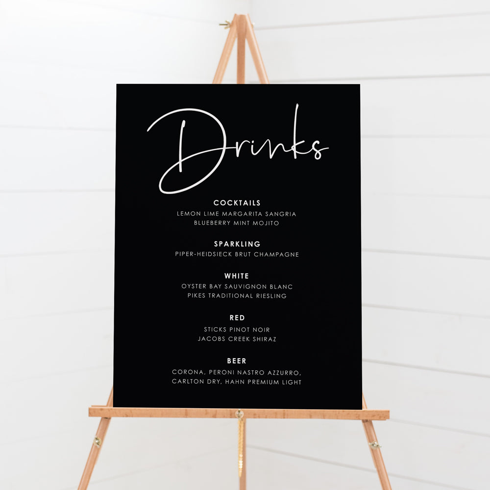 Wedding Bar and Beverages signboard. Mounted wedding sign with drinks list.