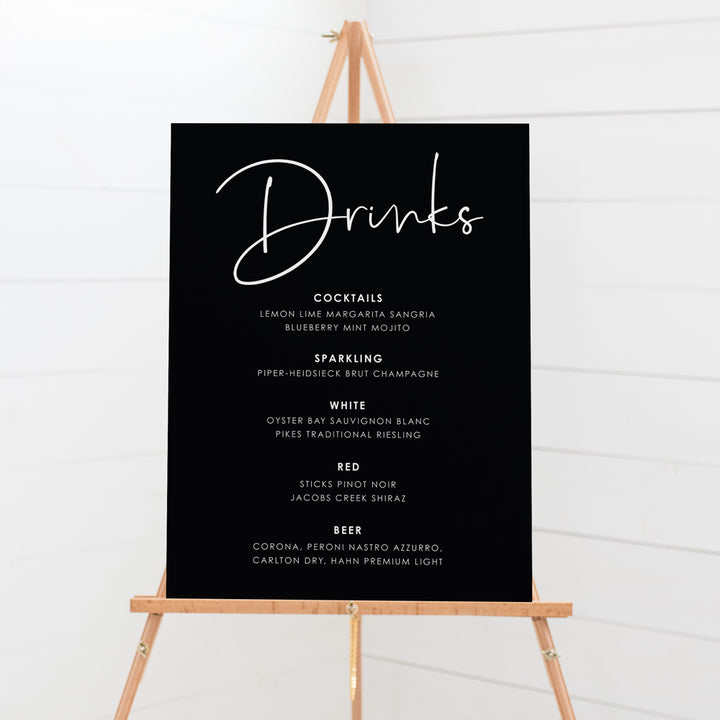 Wedding Bar and Beverages signboard. Mounted wedding sign with drinks list.