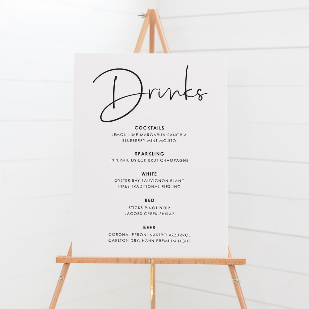 Wedding Bar and Beverages signboard. Mounted wedding sign with drinks list.