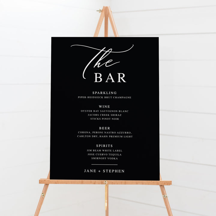 Wedding Bar sign board designed in Australia and printed on foamboard PVC or acrylic. Sitting on an easel. Calligraphy font.