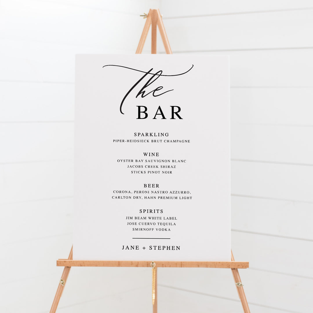 Wedding Bar sign board designed in Australia and printed on foamboard PVC or acrylic. Sitting on an easel. Calligraphy font.