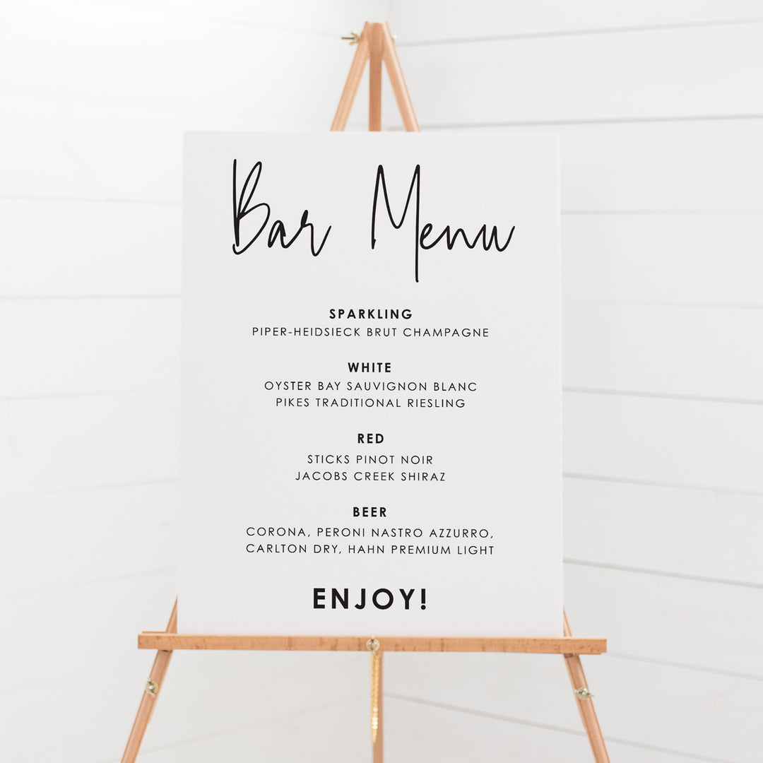Wedding Bar and Beverages signboard. Mounted wedding sign with alcohol list.