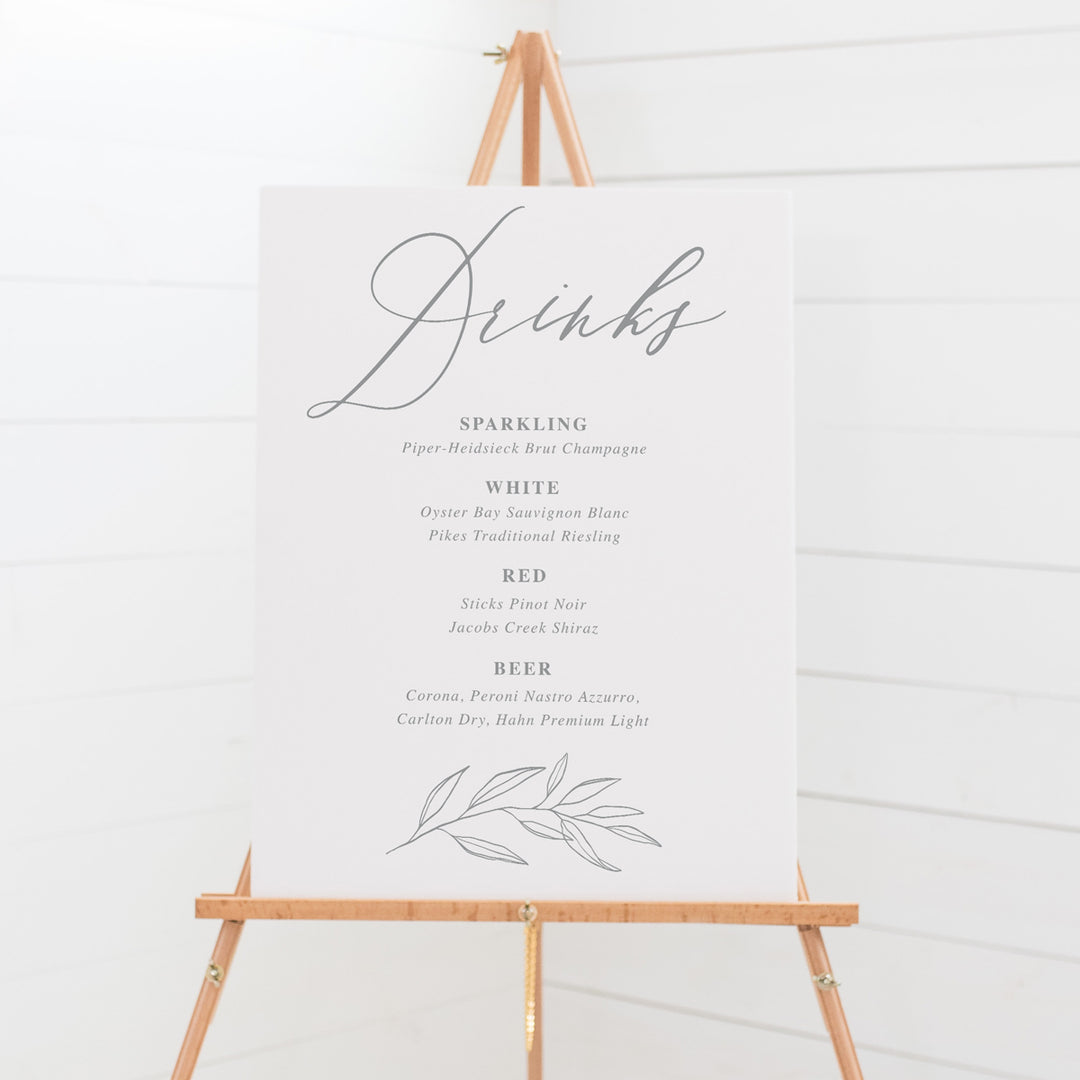 Wedding signature cocktail signboard with calligraphy in grey and white, Australia.