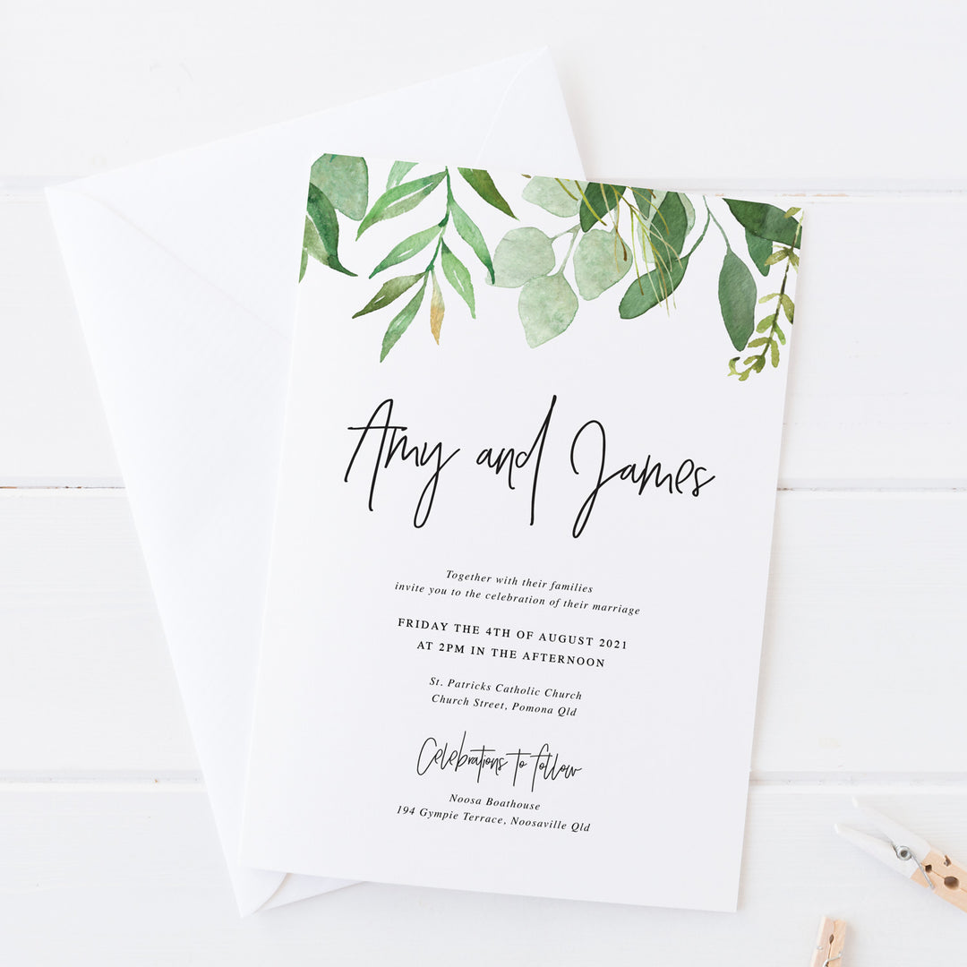 Wedding save the date with modern script font and border of green leaves