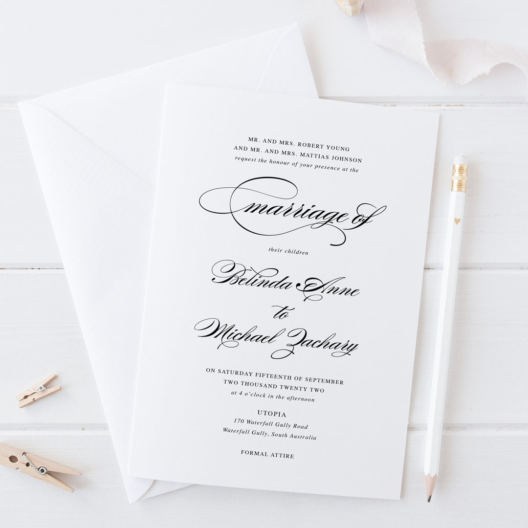 Traditional calligraphy save the date card. Classic elegant wedding invitation black and white