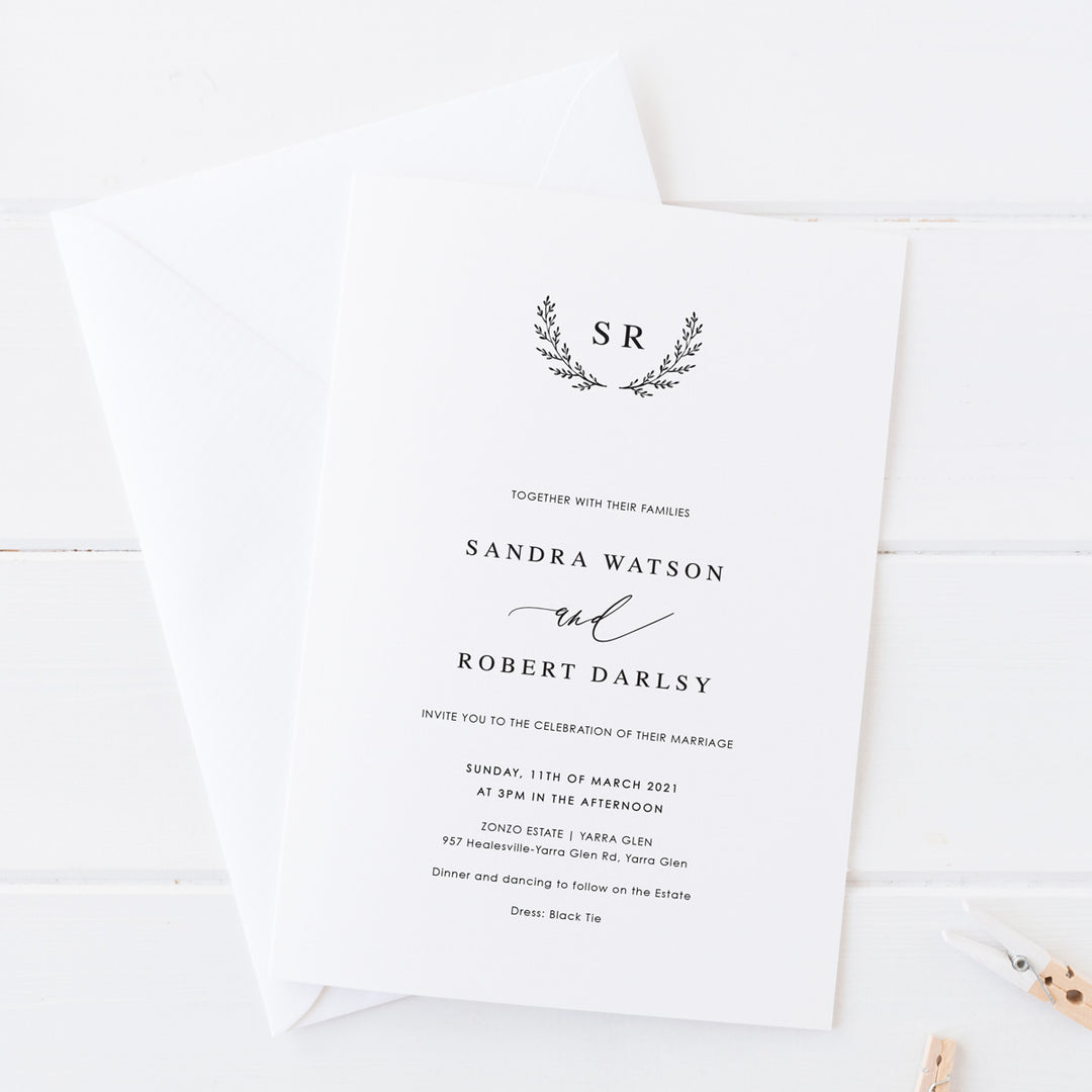 Wedding invitation with wreath monogram of initials, black and white minimal style