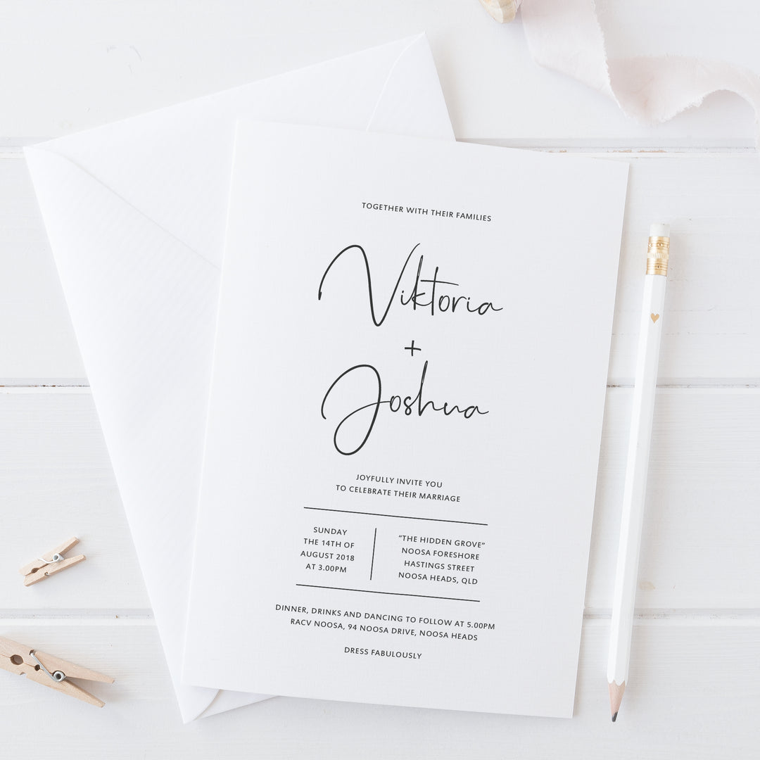 Modern minimal wedding invitation with script font nad printed grey and white
