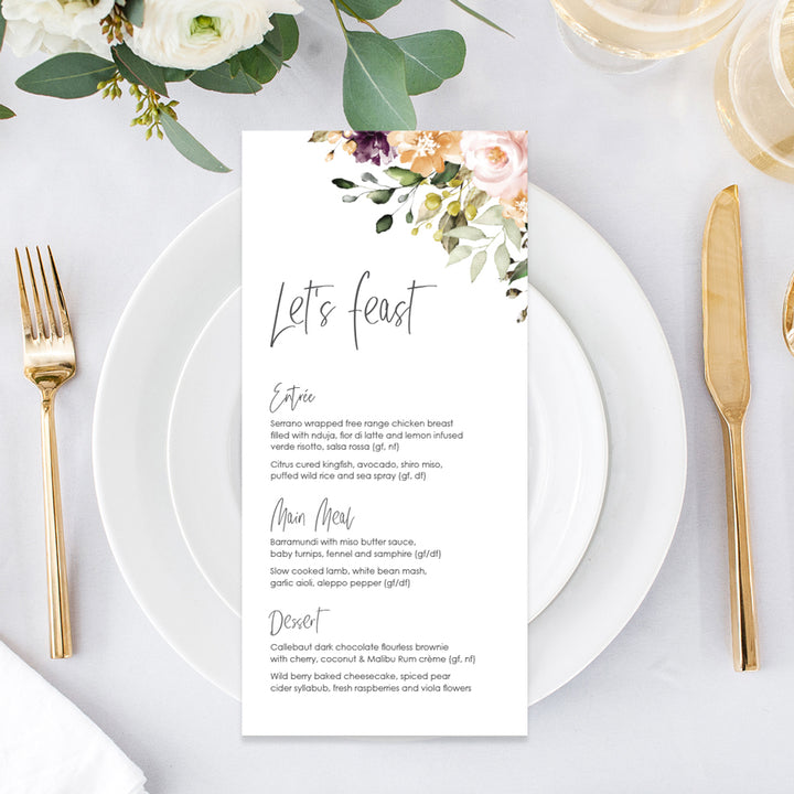Boho Wedding Menu with florals and modern script font. Peach Perfect Australia.