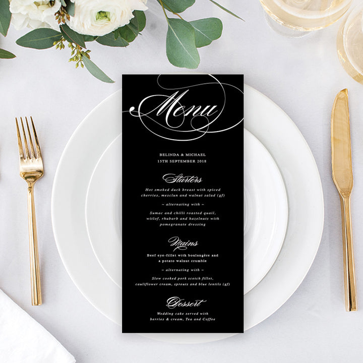 Elegant black and white wedding menu. Traditional calligraphy. Peach Perfect Australia.