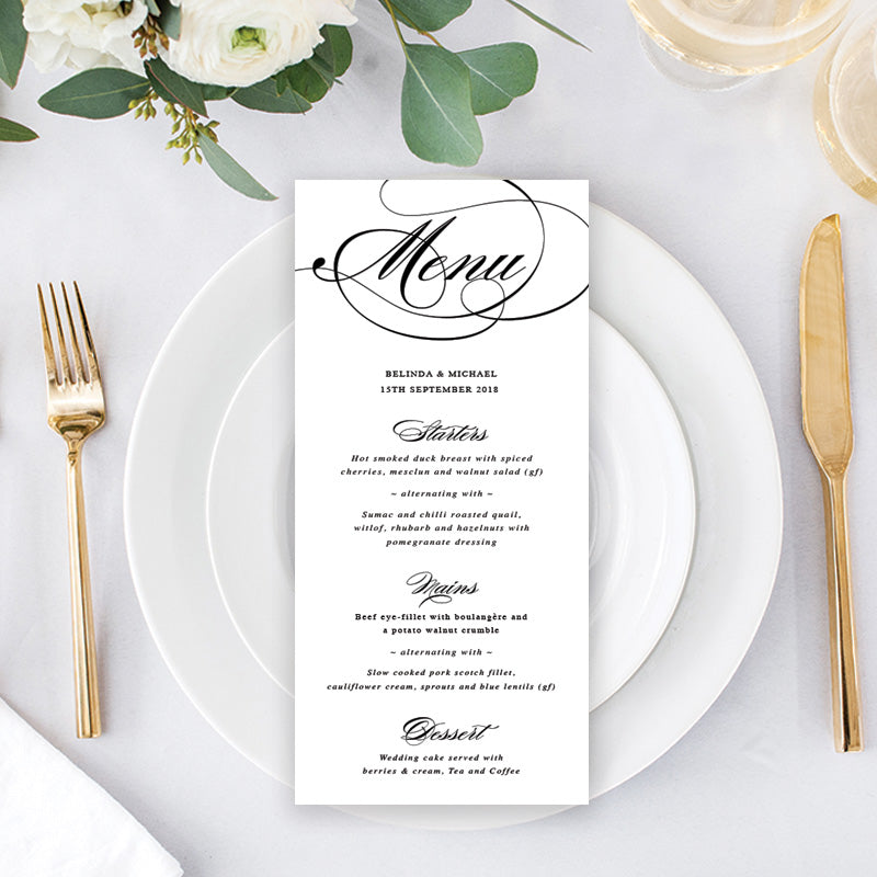 Elegant black and white wedding menu. Traditional calligraphy. Peach Perfect Australia.